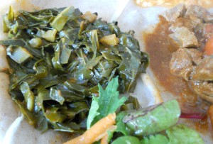 collards and injera at NYC Eritrean restaurant