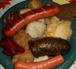 Latvian blood sausage and potatoes and marrowfat peas in NYC